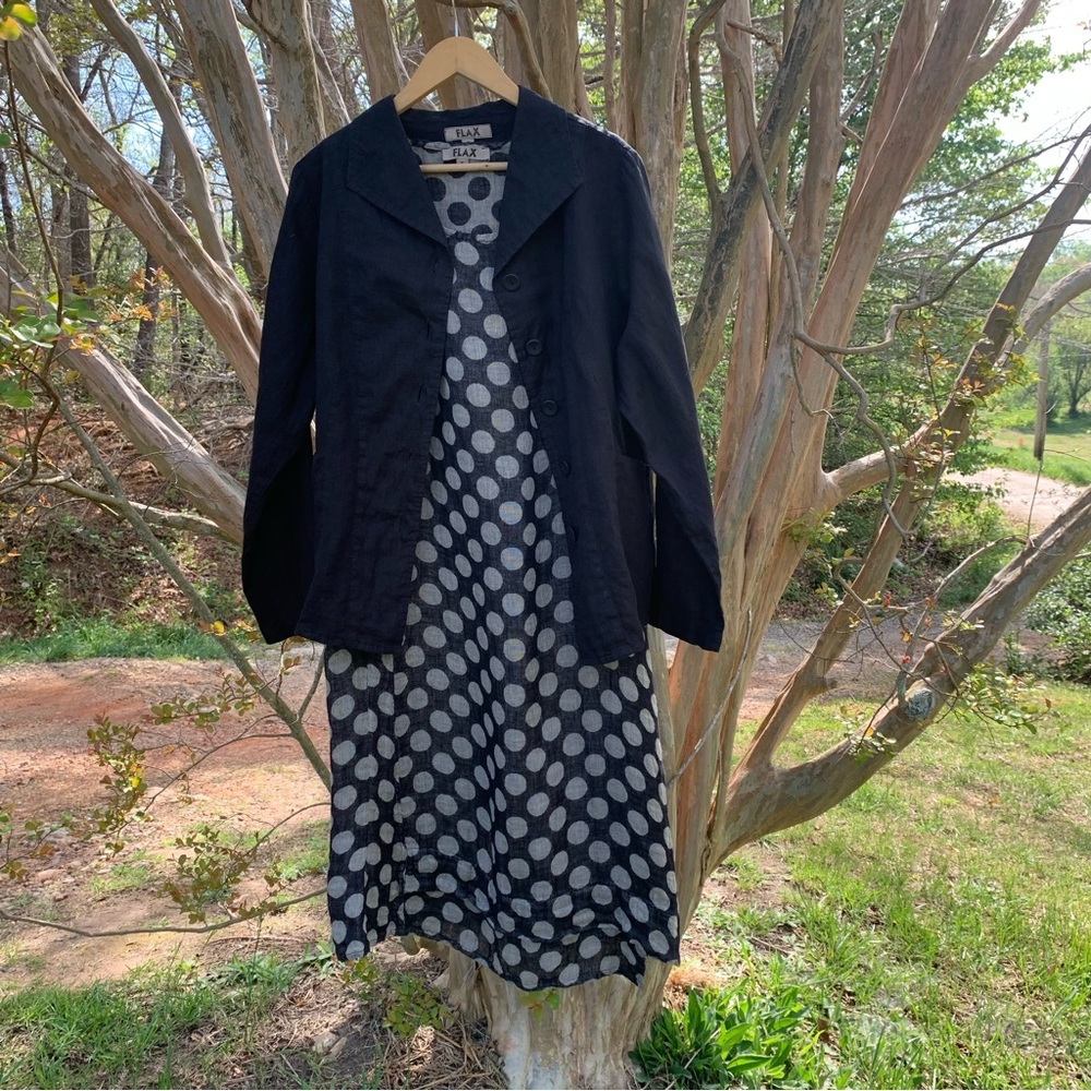 Flax Linen Sleeveless Polka’dot Dress and Jacket Set in Black and Tan